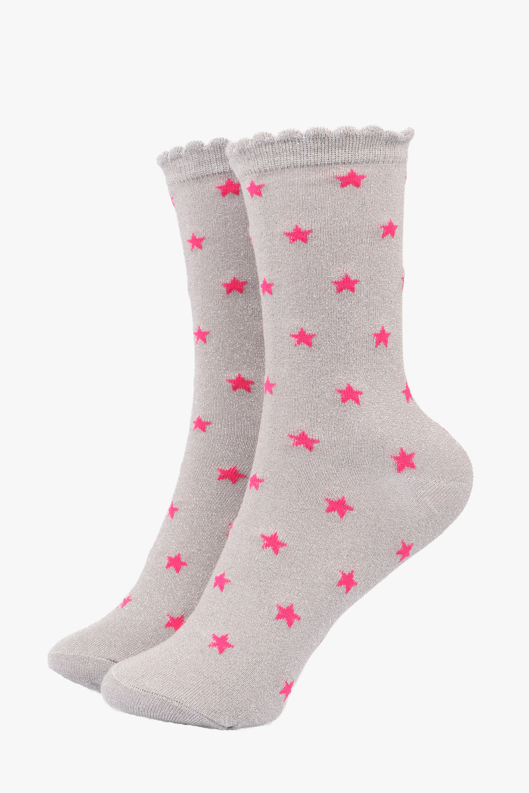 grey socks with a scalloped cuff and an all over fuchsia pink star pattern and sparkly silver glitter shimmer