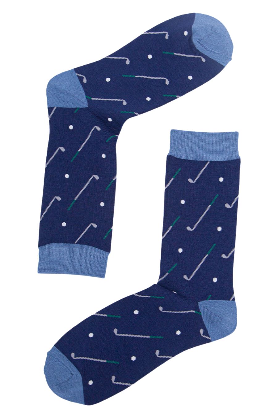 blue golf socks with a pattern of golf clubs and golf balls all over