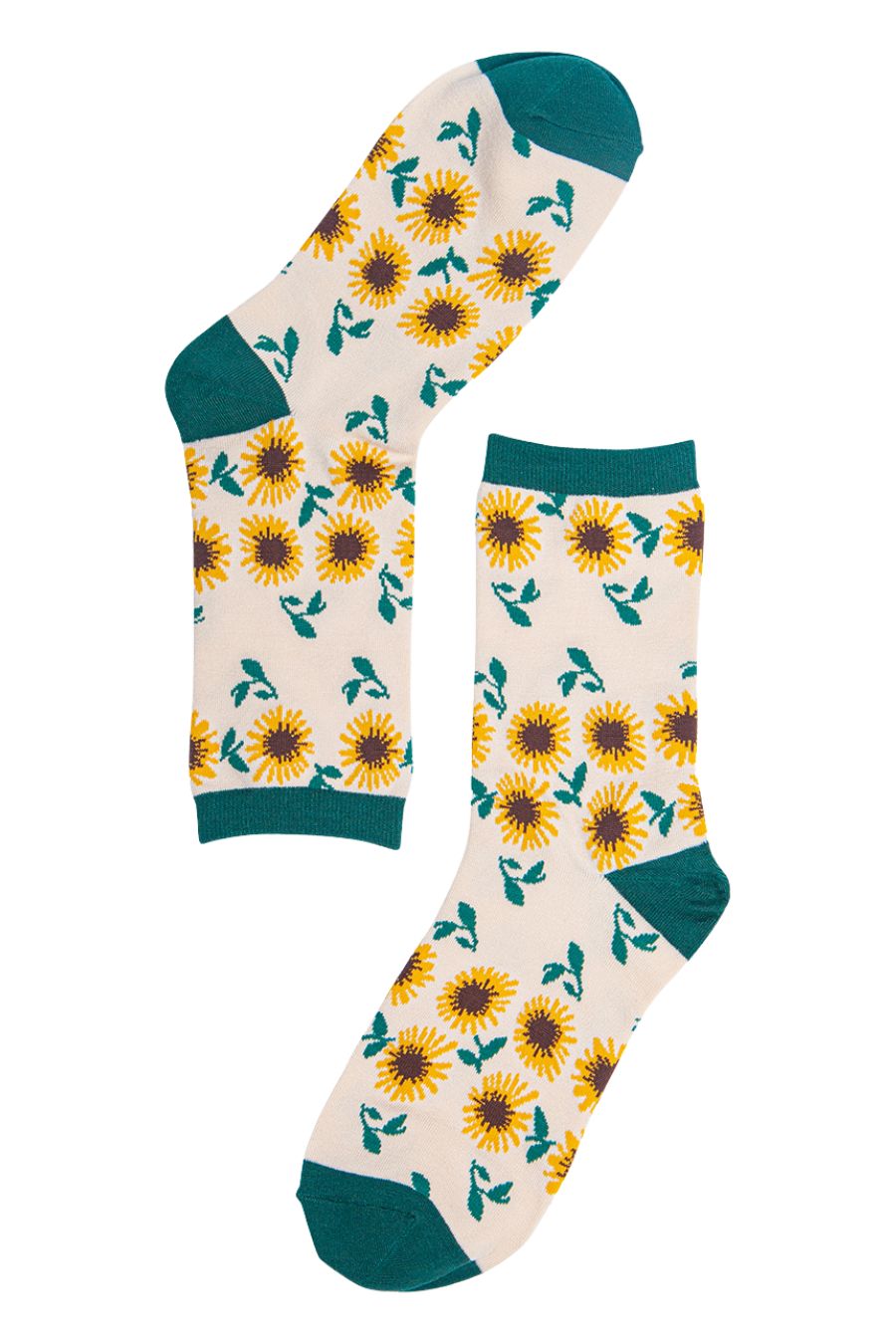 sunflower pattern bamboo socks in cream and green