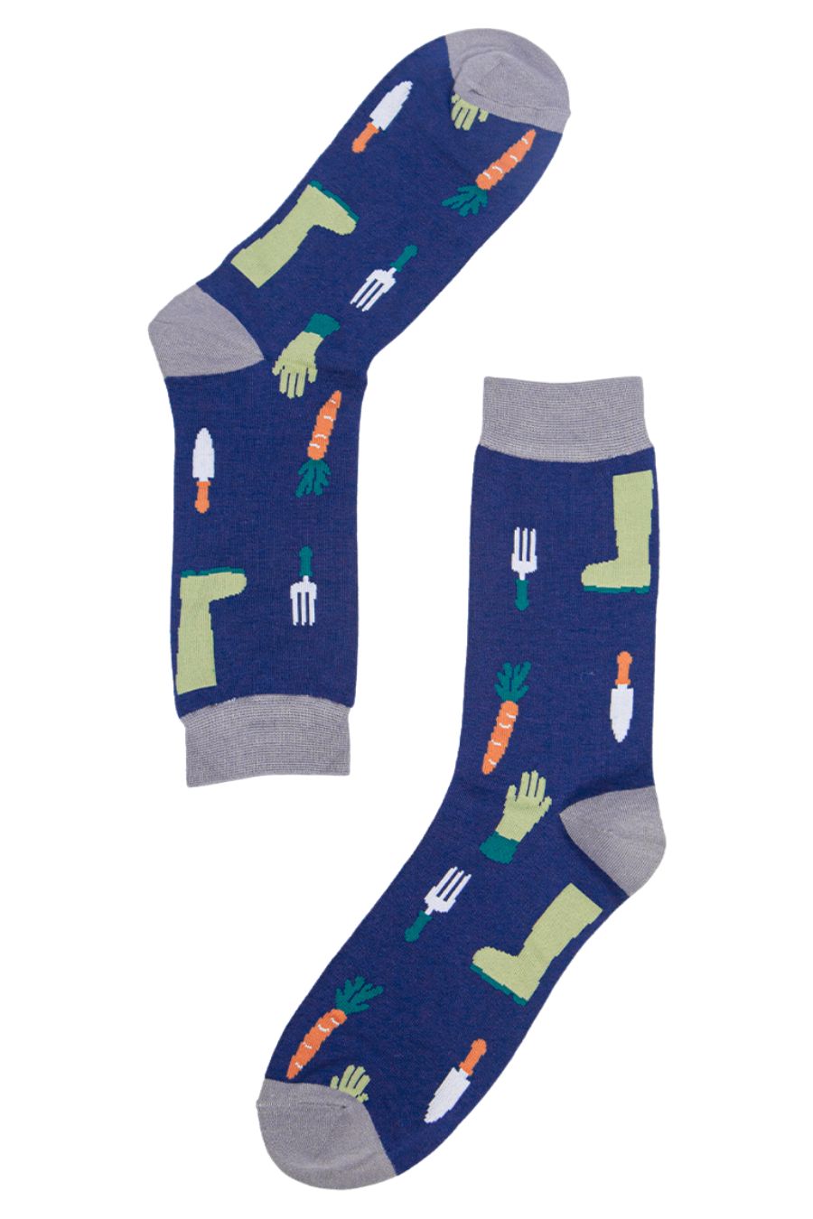 showing the garden tool pattern on the blue and grey socks