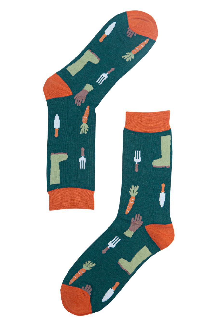 showing the garden tool pattern on the green and orange socks