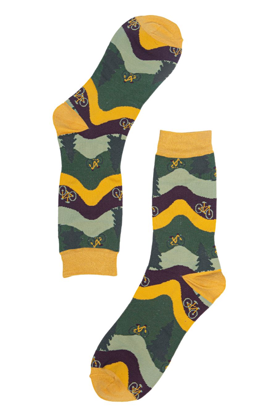 green, yellow and brown socks with a pattern of trees and mountain bikes