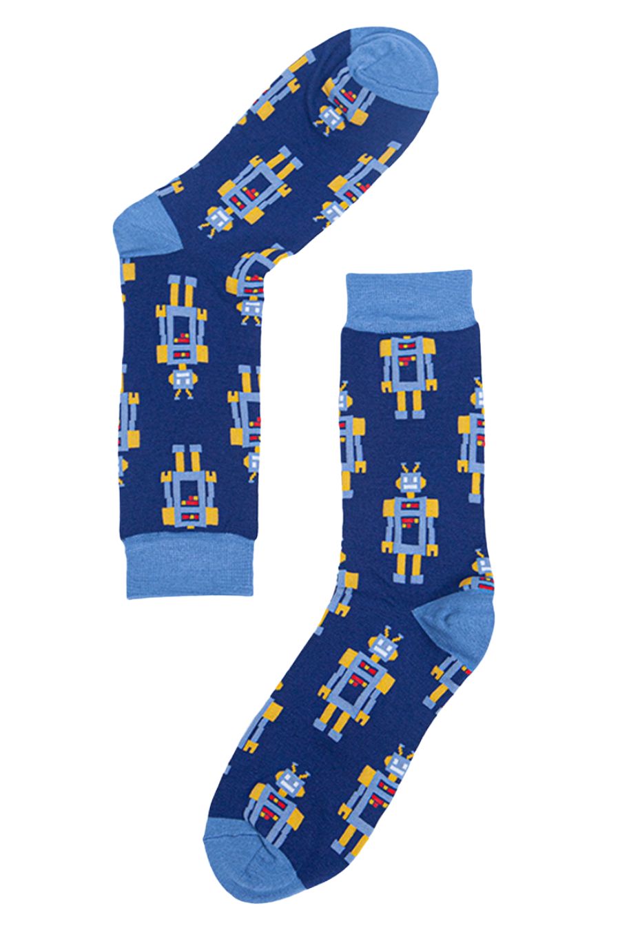 blue vintage robot pattern novelty bamboo socks with an all over pattern of blue and yellow cartoon robots