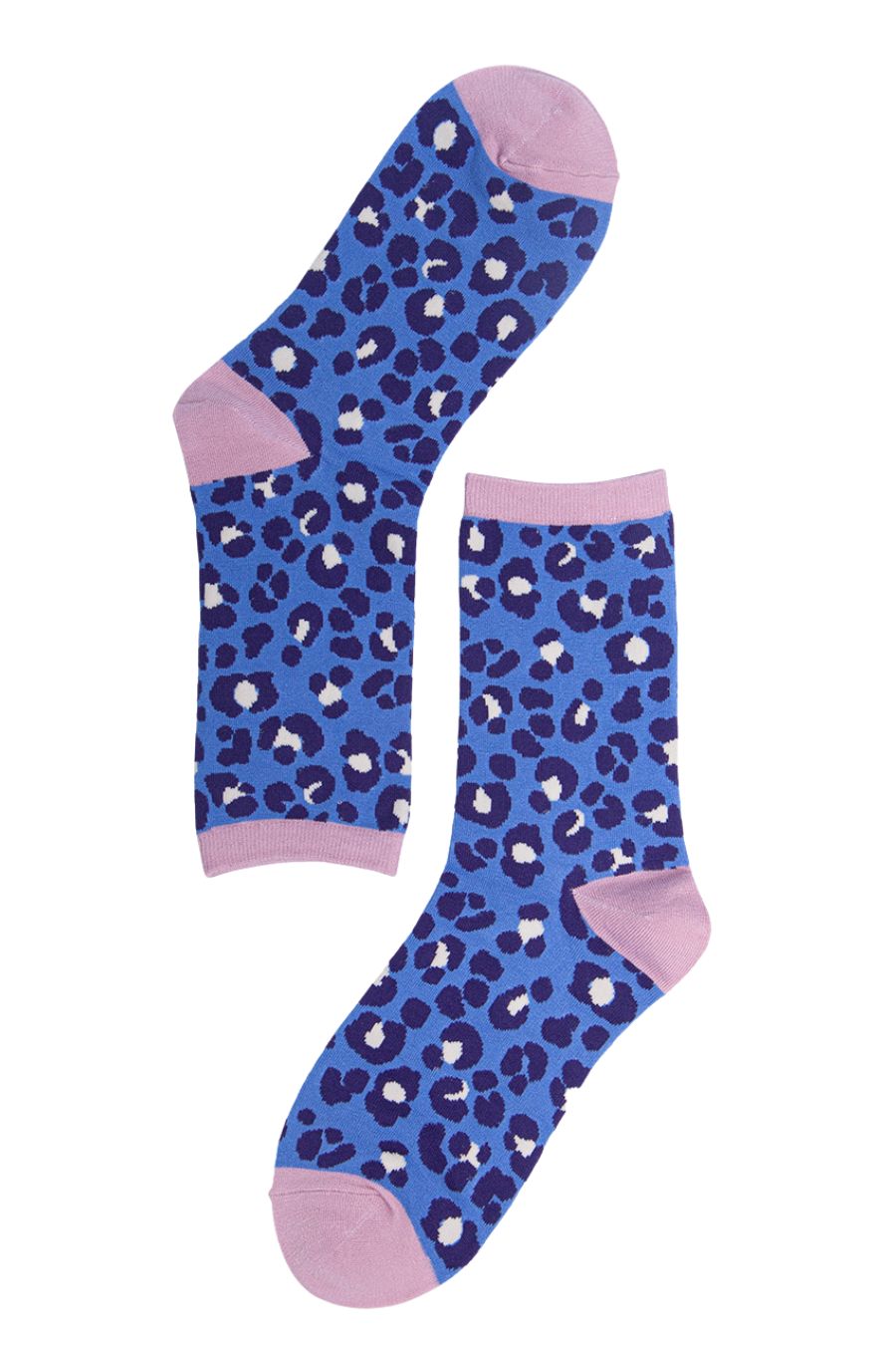 all over blue and pink leopard print bamboo ankle socks