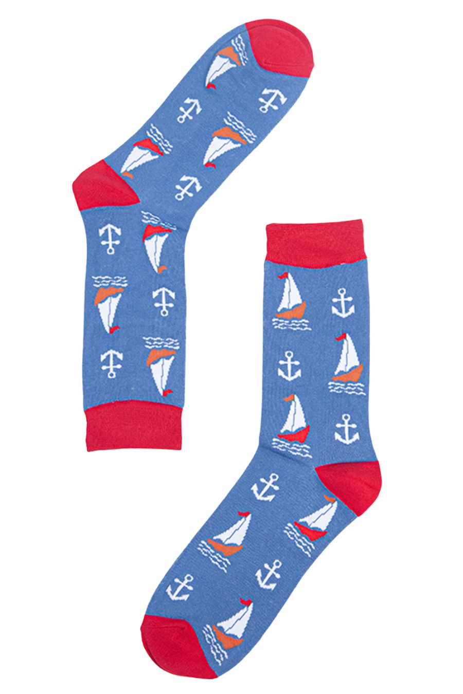 blue socks with an all over pattern of sailing boats and anchors