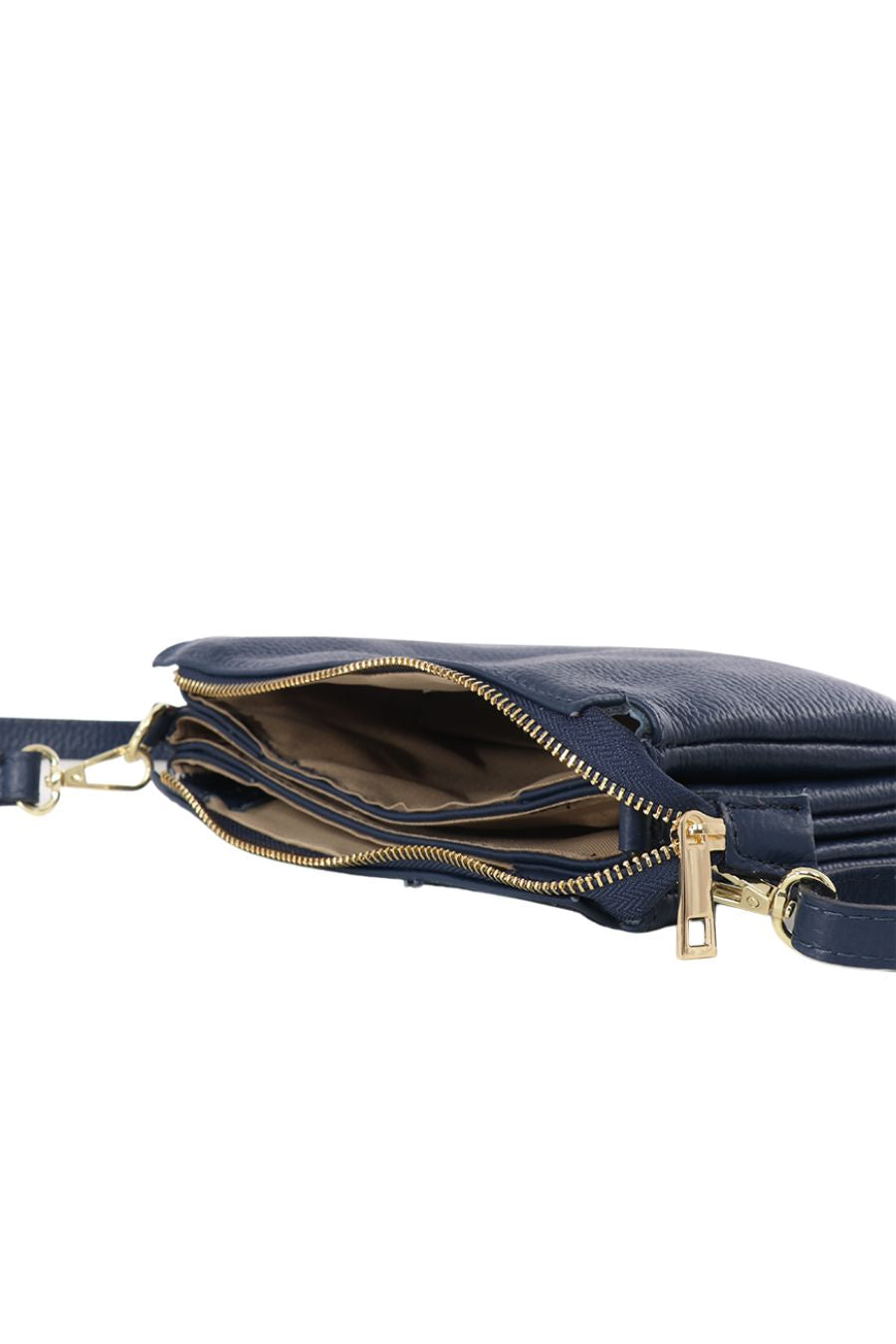 showing the inside of the bag with three internal compartments