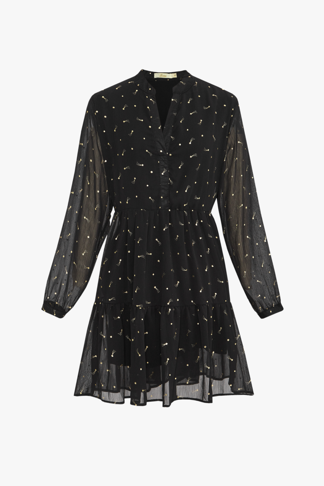 Black Gold Metallic Shooting Star Print Ruffle Grandad Collared Knee Length Dress
