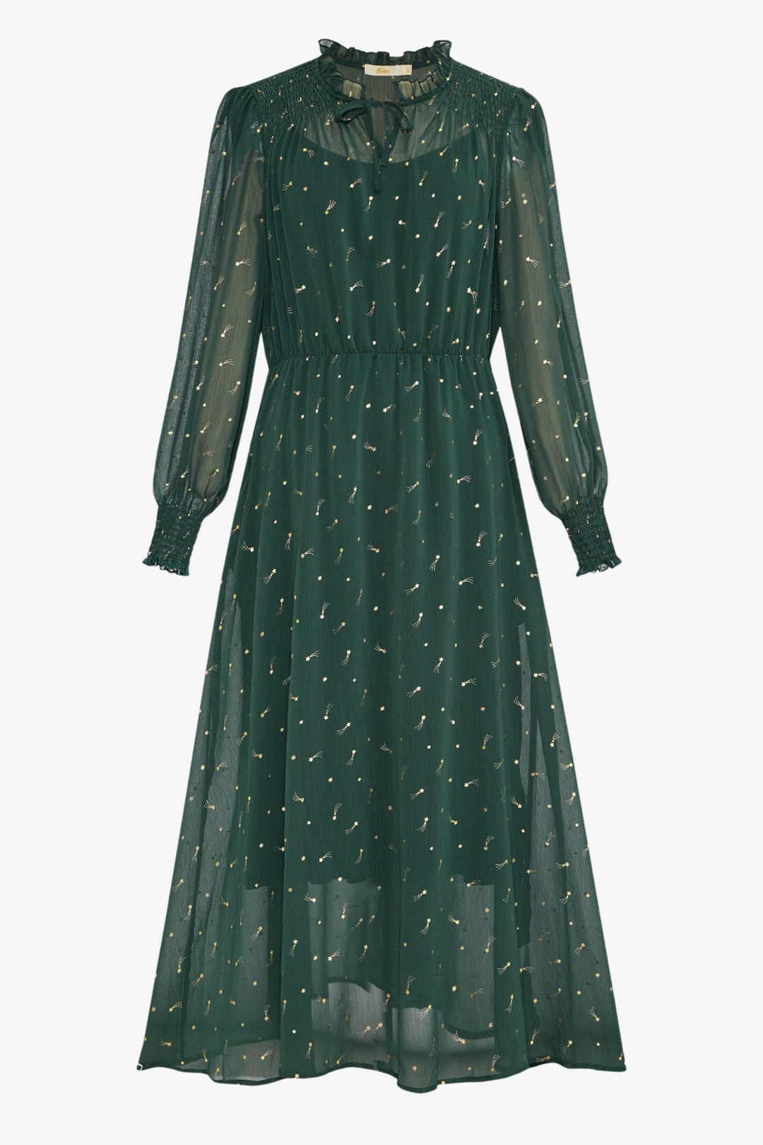 Shirred Shoulder Chiffon Midi Dress - Green, Shooting Stars