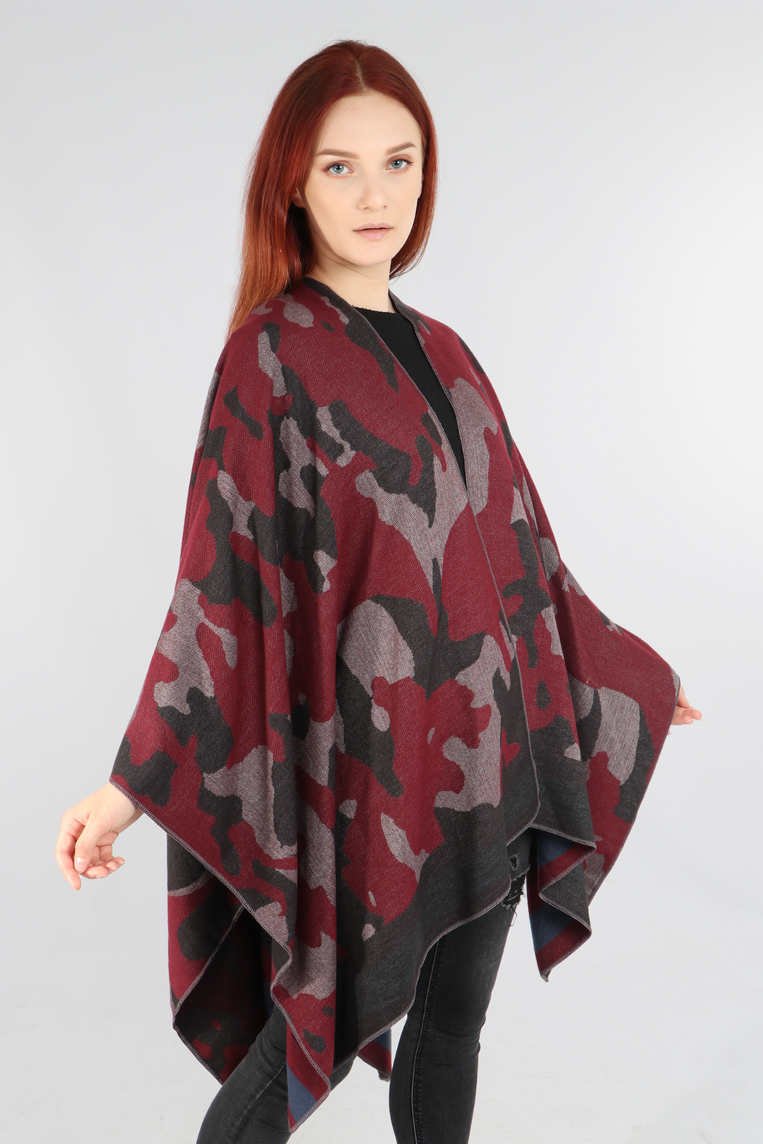 Dark Red Camouflage Print Cape