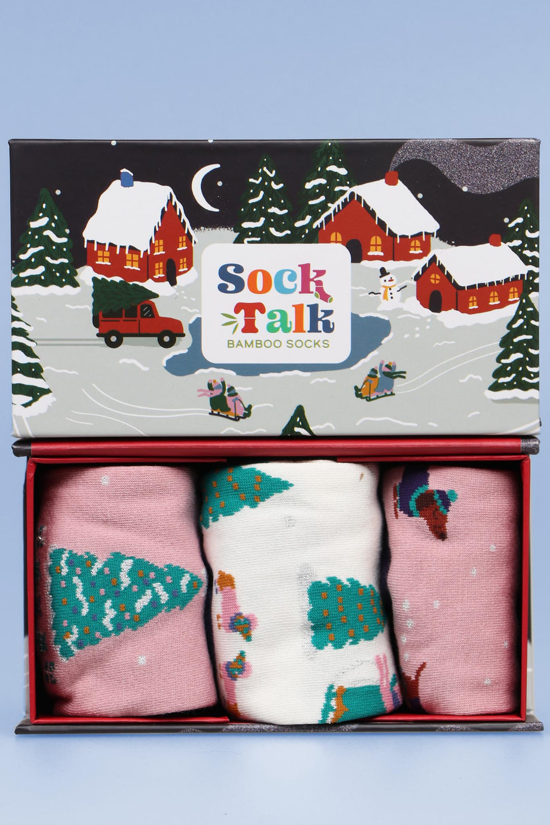 Women's Bamboo Christmas Socks Xmas Scene Novlety Socks Gift Set Pink