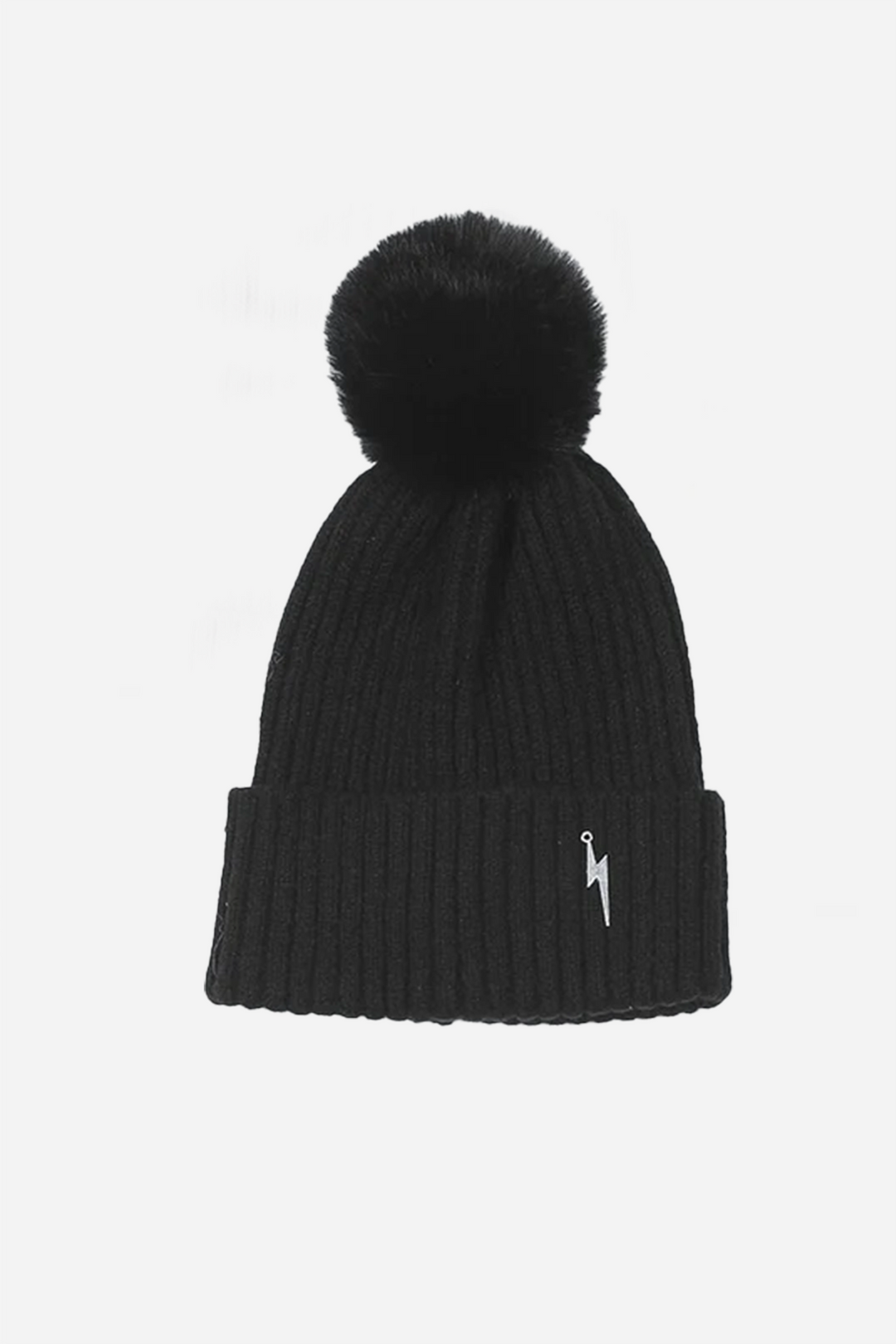 Pom Pom Bobble Hat - Black, Lightning Bolt