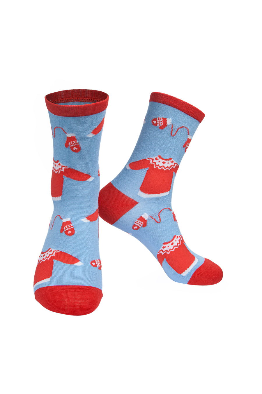 blue socks with a red winter jumpers, and knitted glove pattern