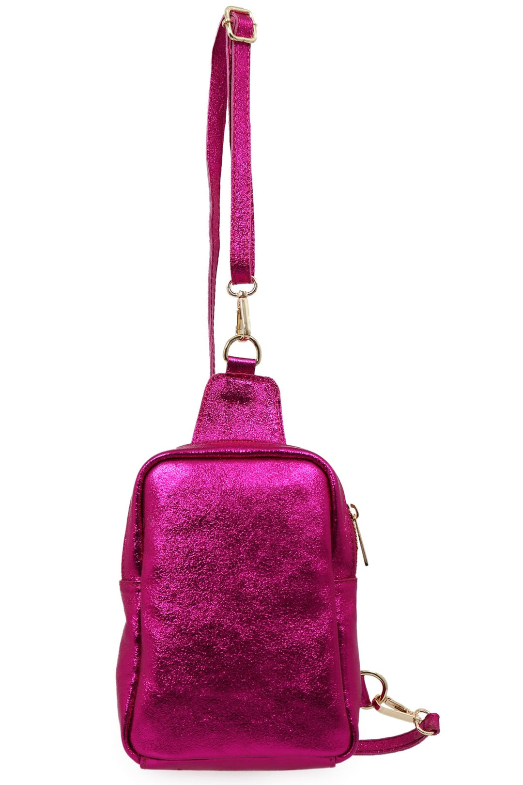 metallic pink sling bag with a detachable adjustable strap