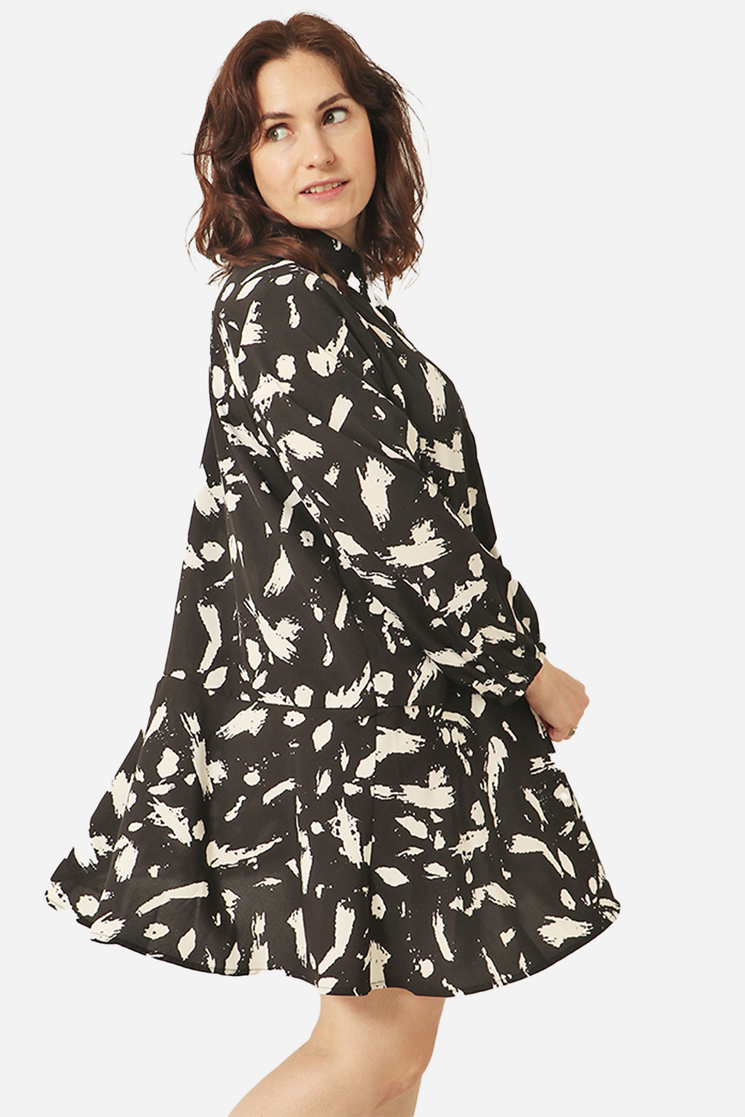 Black White Brush Stroke Short Tiered Shirt Dress