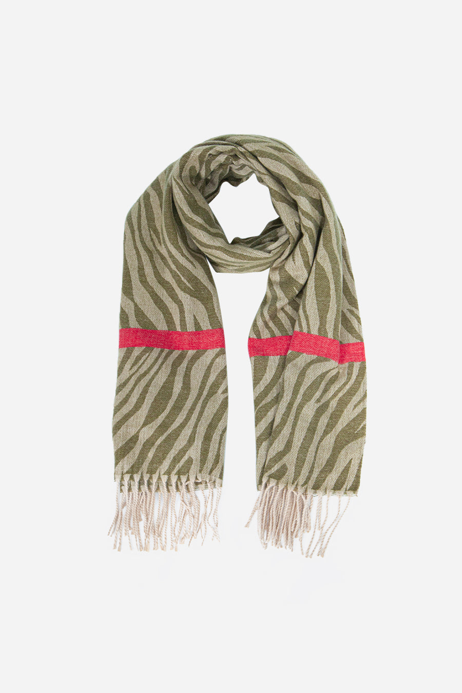 Khaki Fuchsia Zebra Print Scarf With Stripe