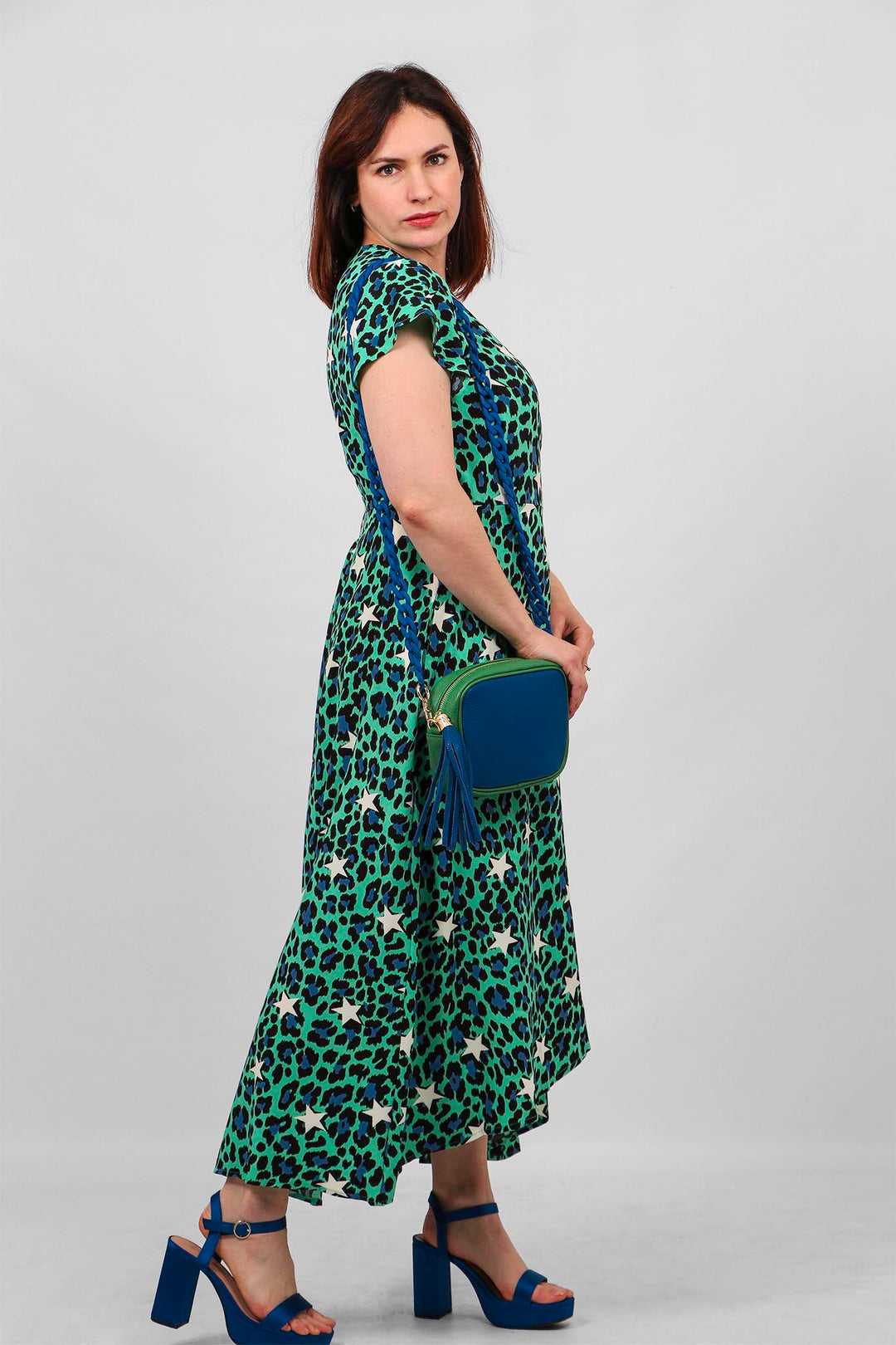 Green Leopard and Star Print Wrap Dress