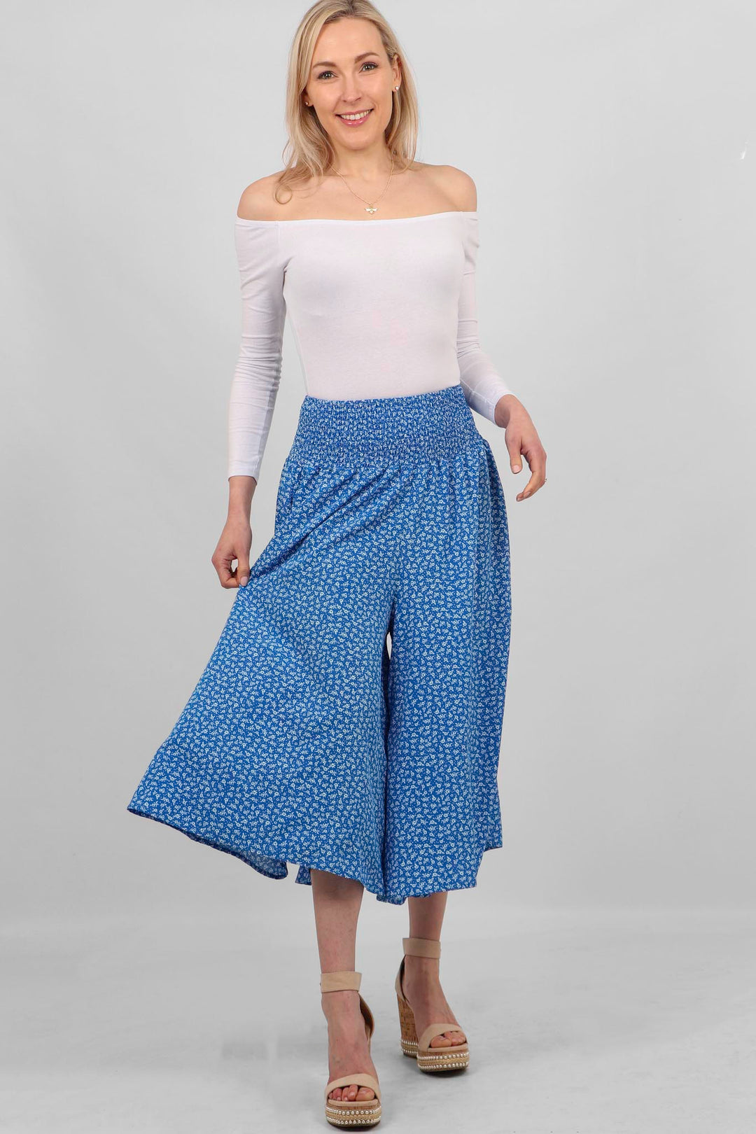 Blue Ditsy Floral Print Culottes