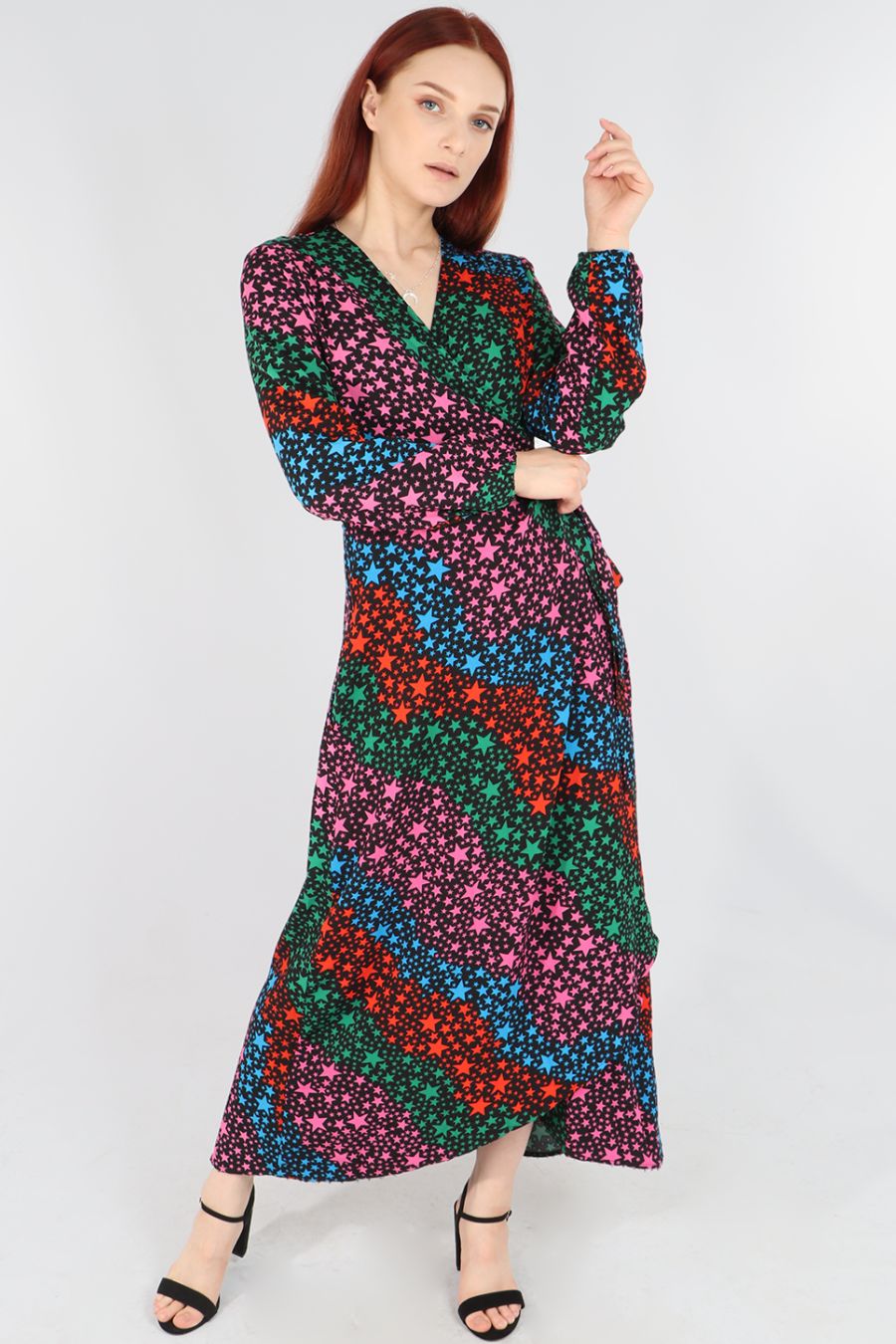 Long Sleeve Wrap Dress Bright Star Wave Print