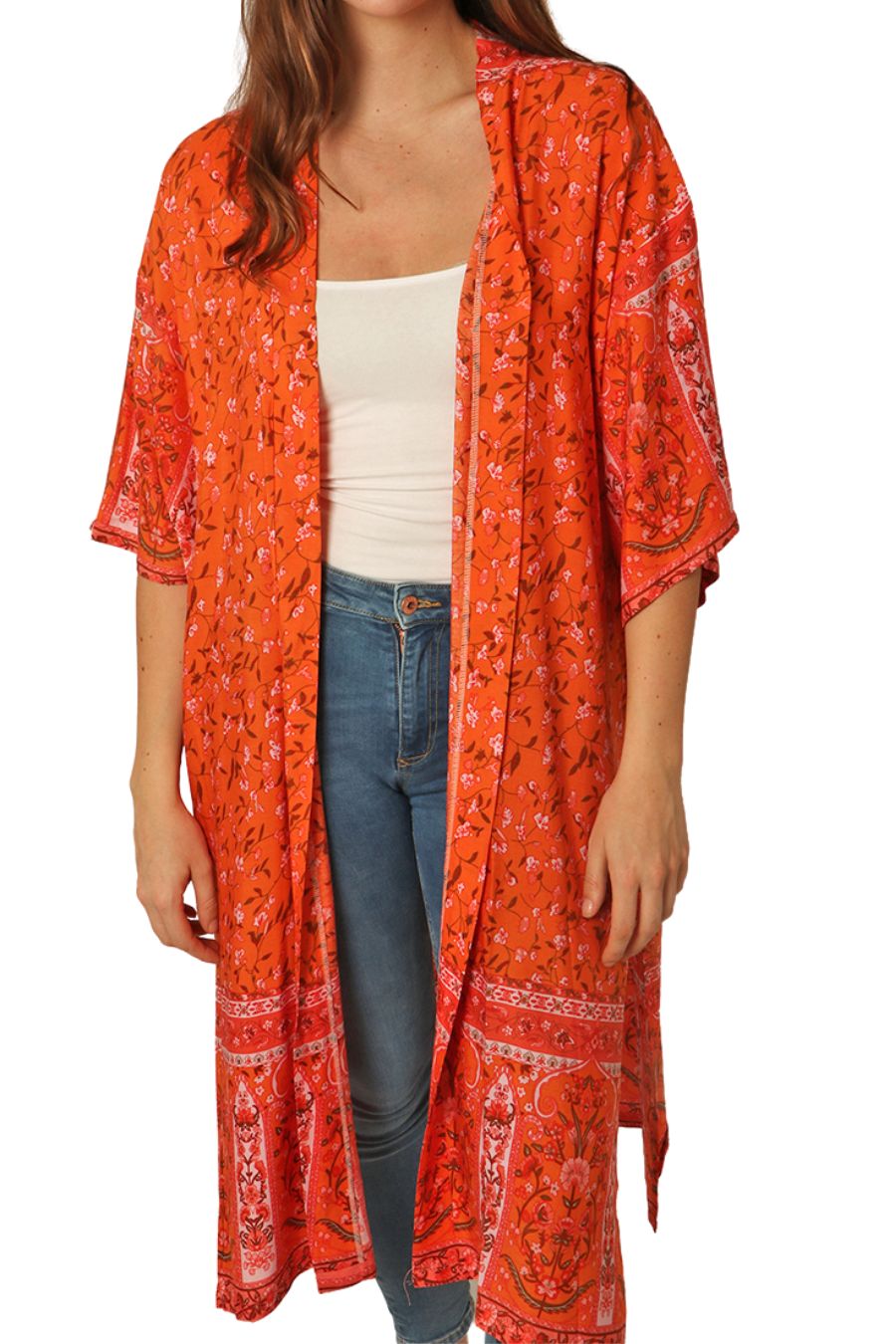 Orange Ditsy Floral Print Kimono with Ornate Border