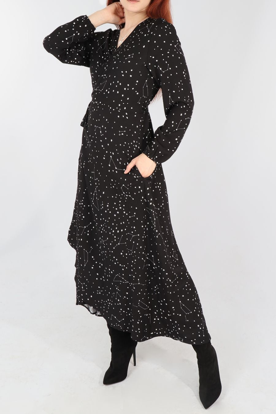 Black Constellation Print Wrap Dress