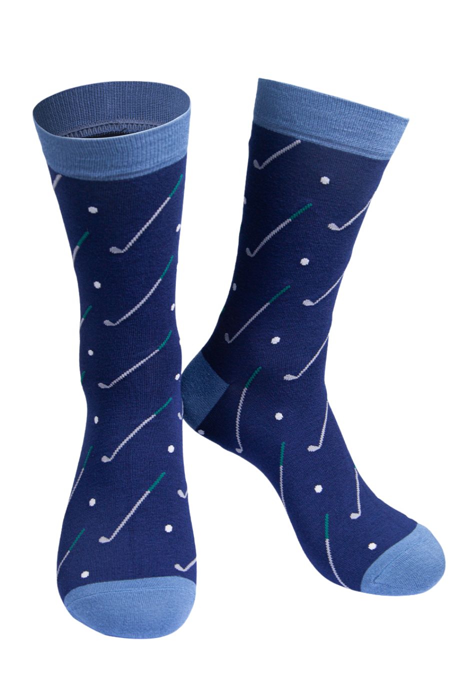 blue dress socks with a pattern of golf clubs and golf balls