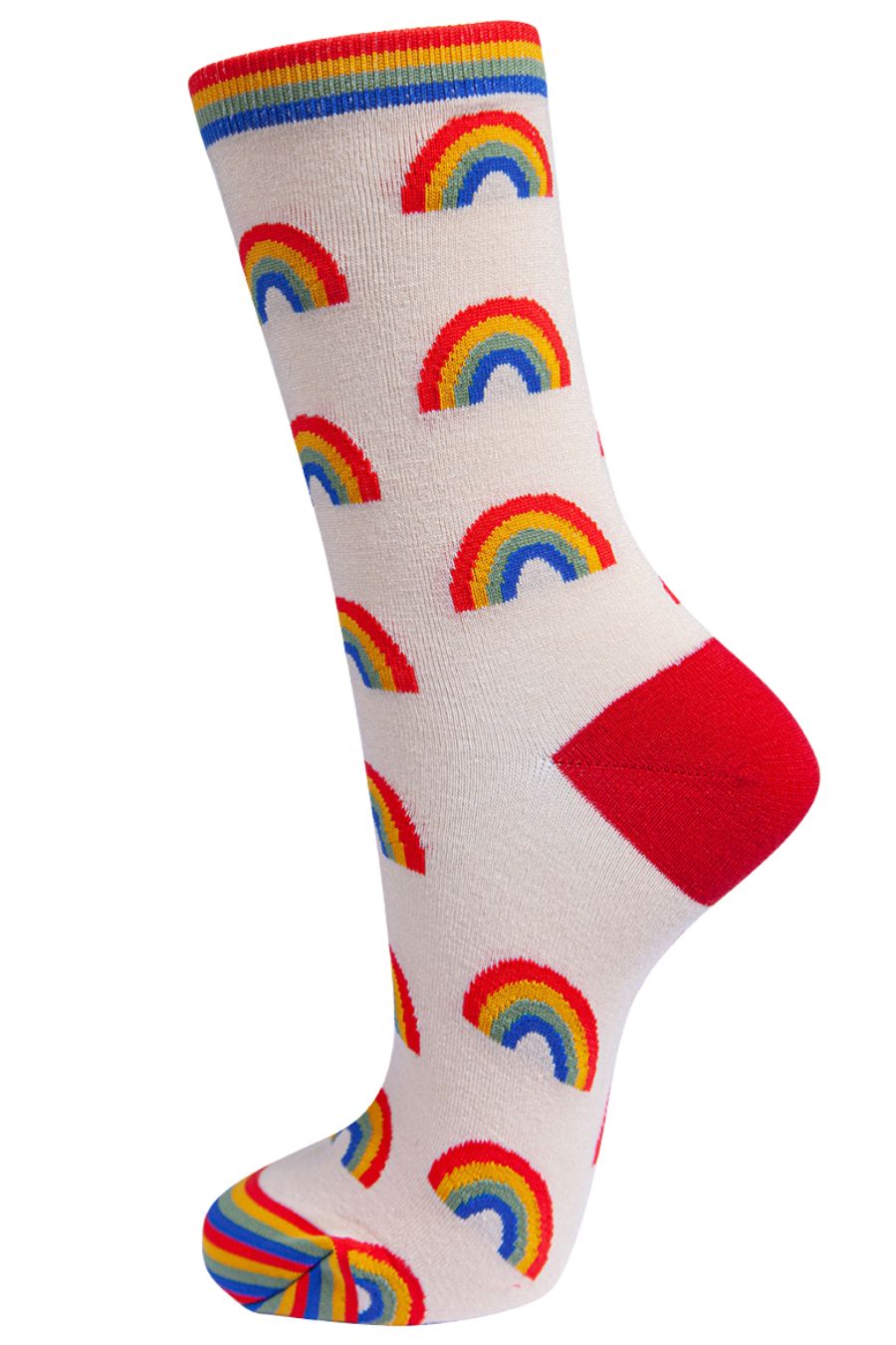 cream socks with a red heel with an all over multicoloured rainbow print pattern