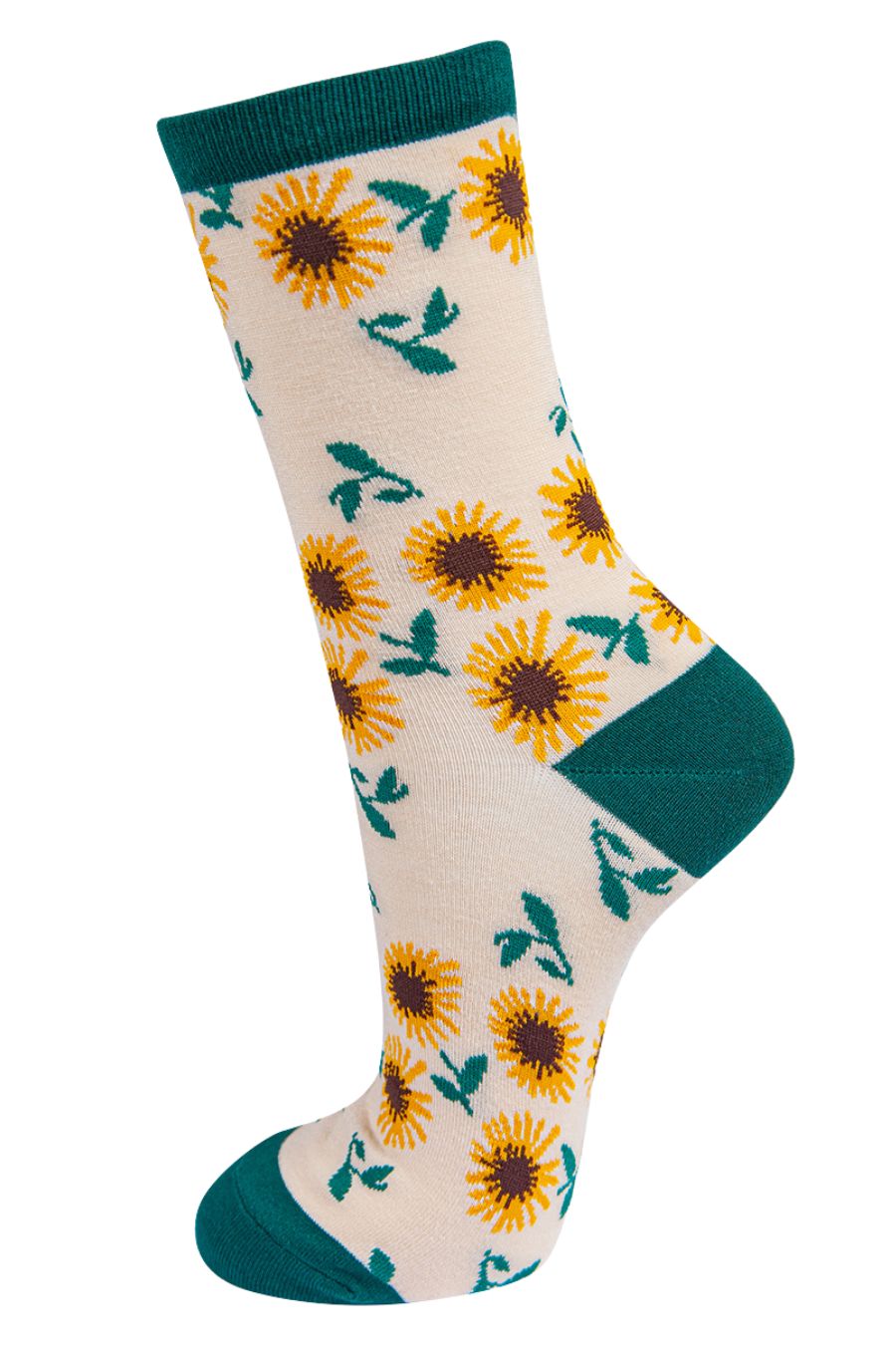 cream socks with green heel, toe and cuff with an all over pattern of yellow sunflowers