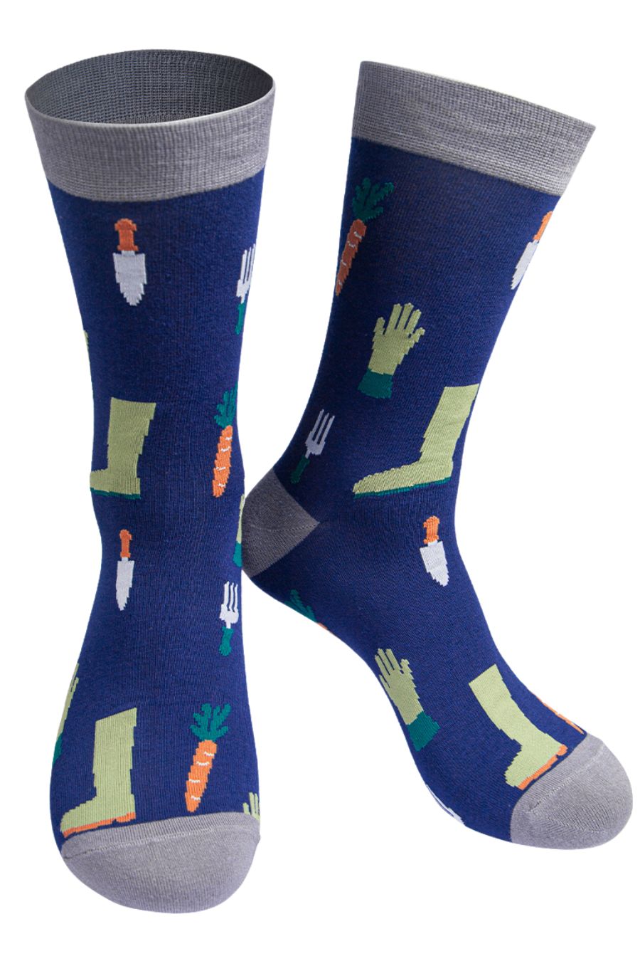blue socks with grey heel, toe and cuff with a pattern of gardening tools, gloves, boots and carrots