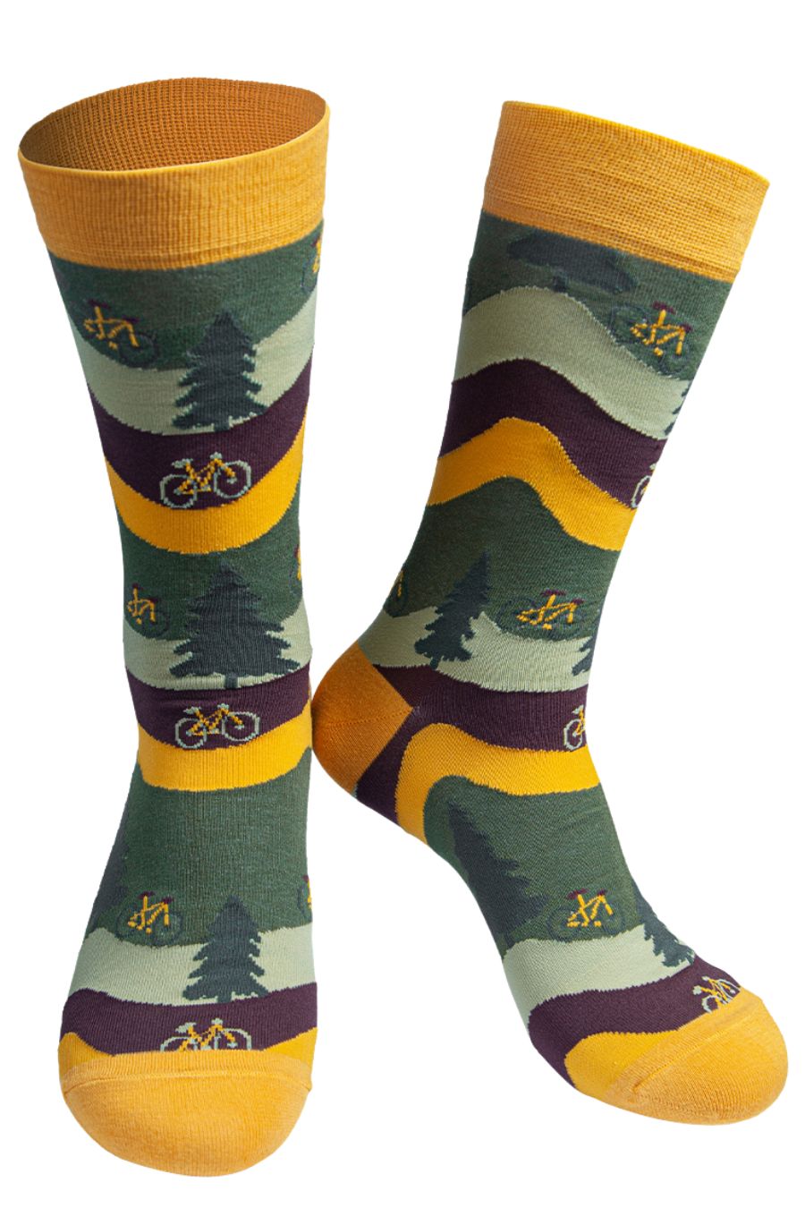 green, brown and yellow socks with a yellow heel, toe and cuff with a patten trees and mountain bikes