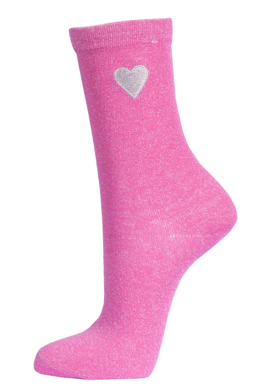 Womens Pink Glitter Socks Embroidered Heart Ankle Socks Sparkly Shimme