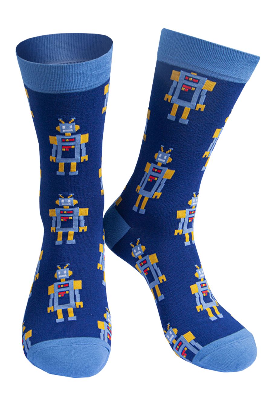 blue socks with an all over pattern featuring blue and yellow vintage robots with a blue heel and toe