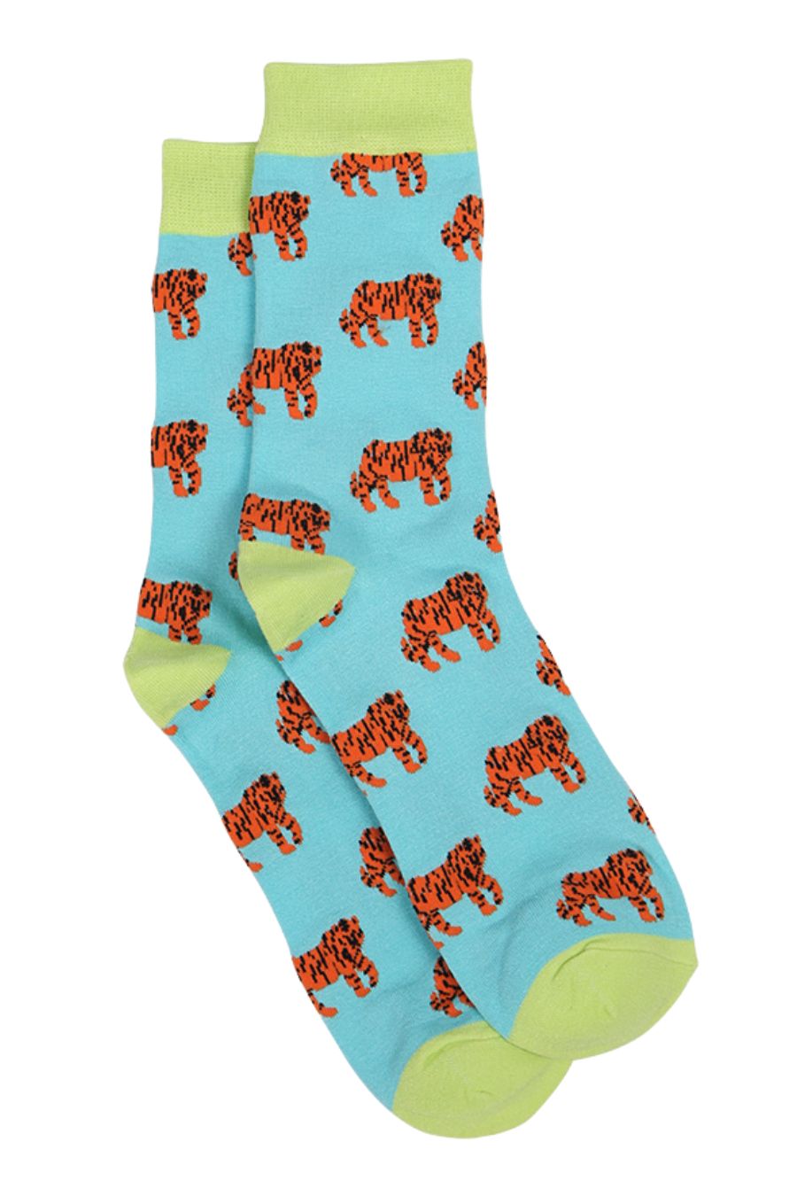 blue socks with light green heel, toe and cuff with an all over pattern of orange tiger cats