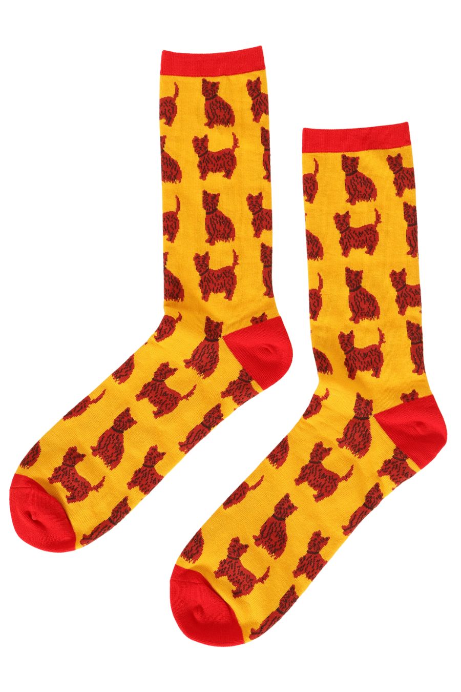 yellow socks with a red heel, toe and cuff with an all over pattern of red schnauzer dogs