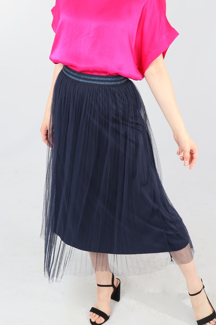 Navy Blue Tulle Pleated Skirt with Glitter Waistband