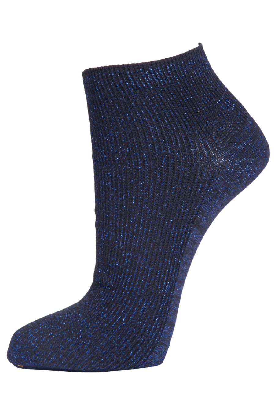 black anklet trainer socks with an all over royal blue glitter sparkle
