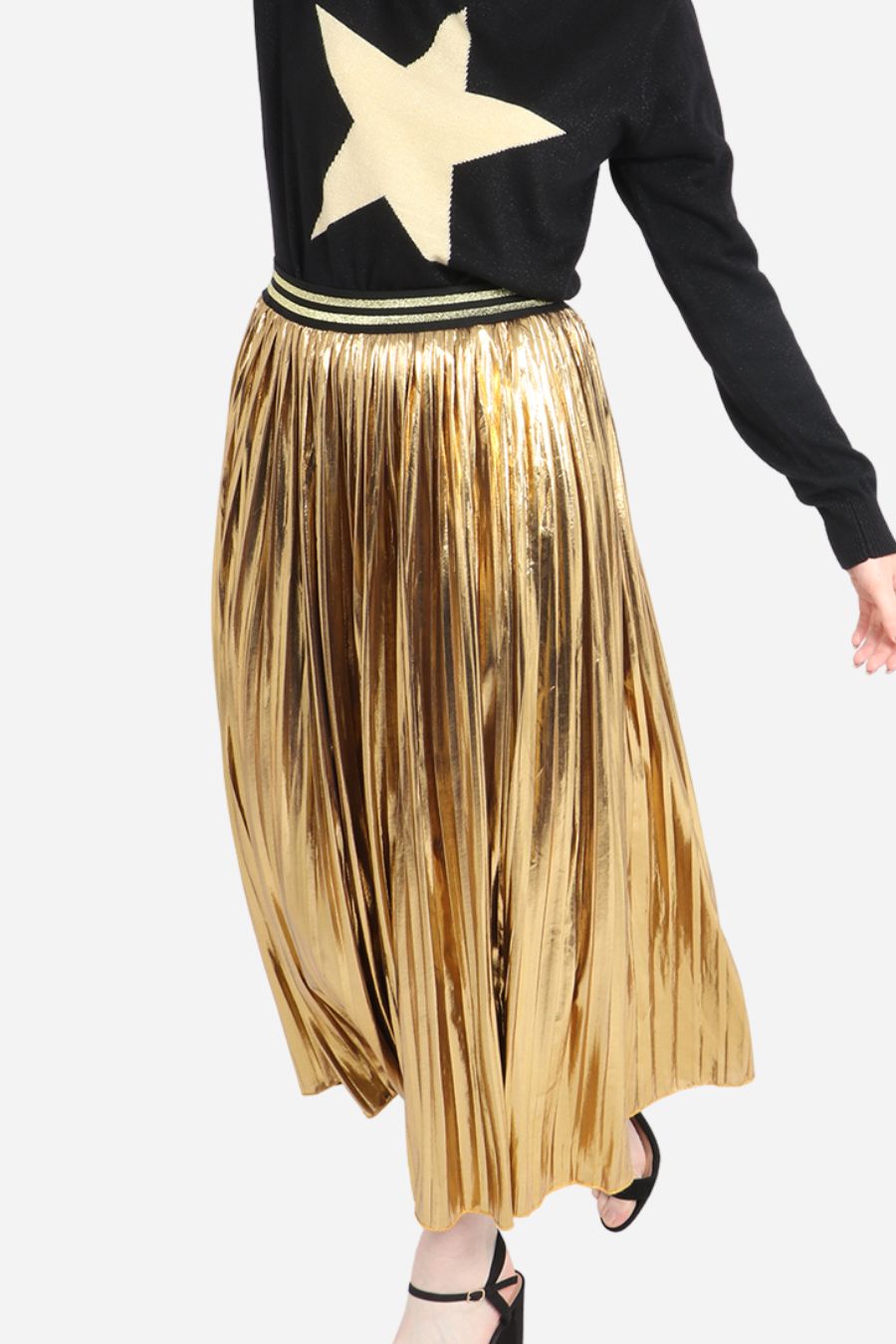 Gold Foil Pleated Skirt with Glitter Stripe Waistband MSH Wholesale