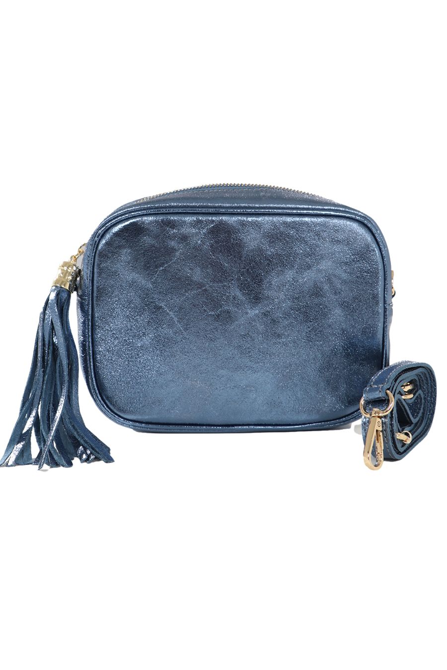 Metallic Navy Blue Italian Leather Camera Bag