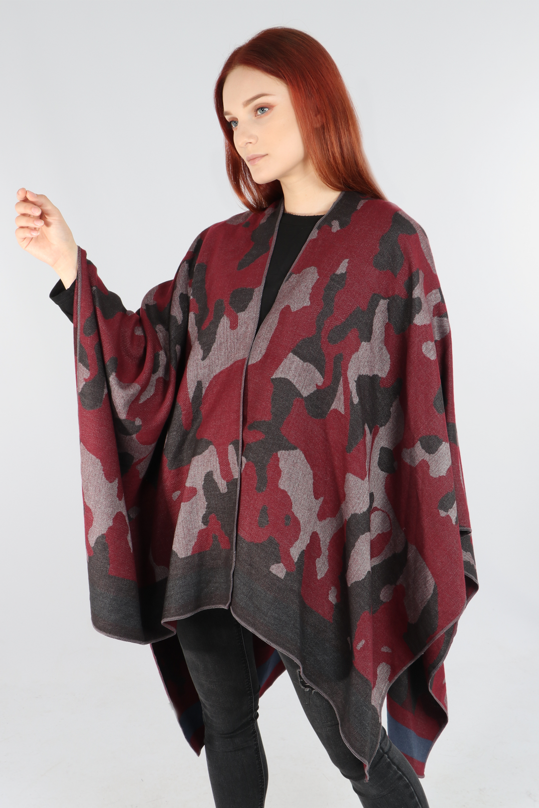 Dark Red Camouflage Print Cape
