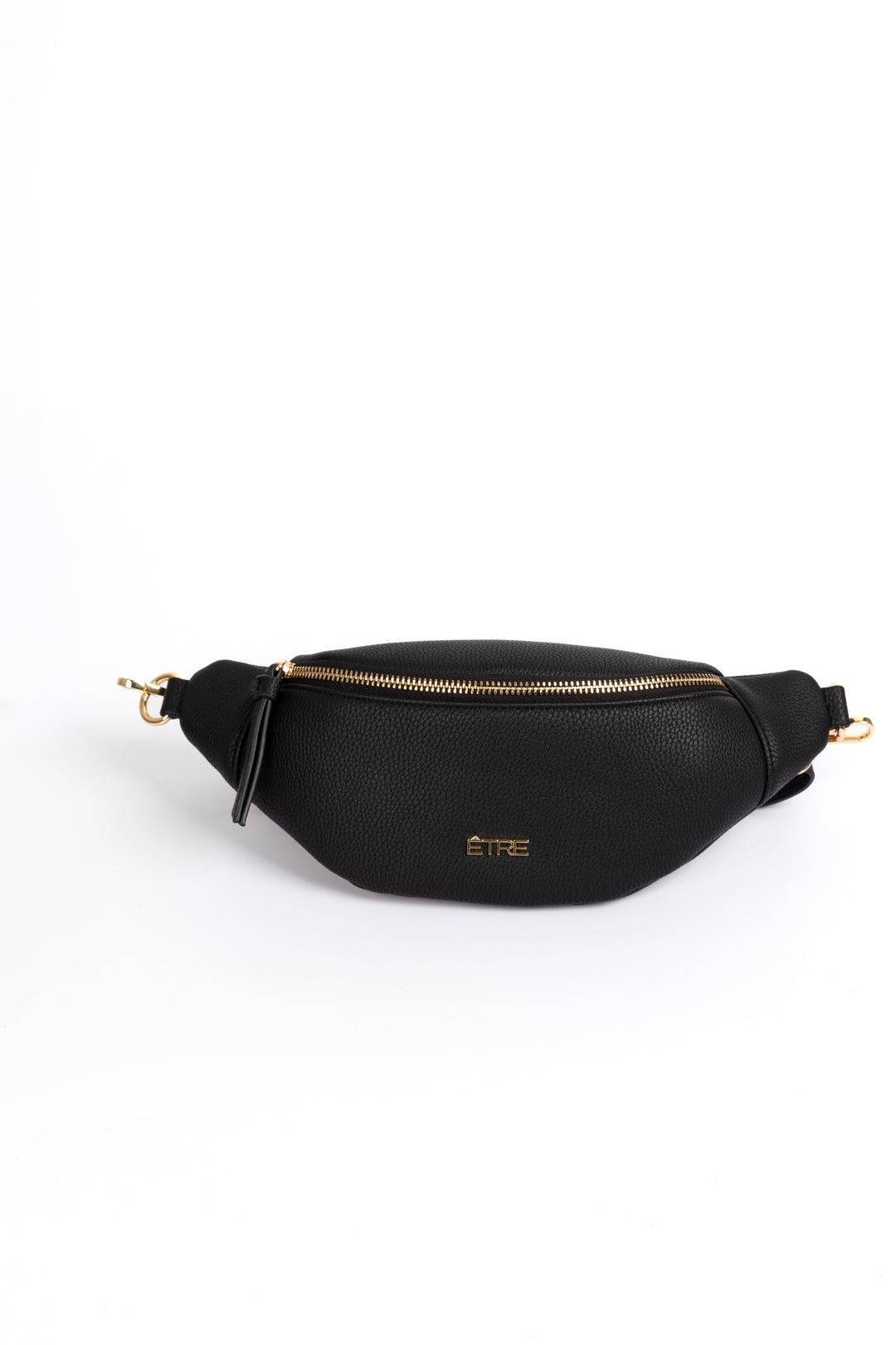 black pebbled faux leather bum bag with gold zip closure and gold hardware