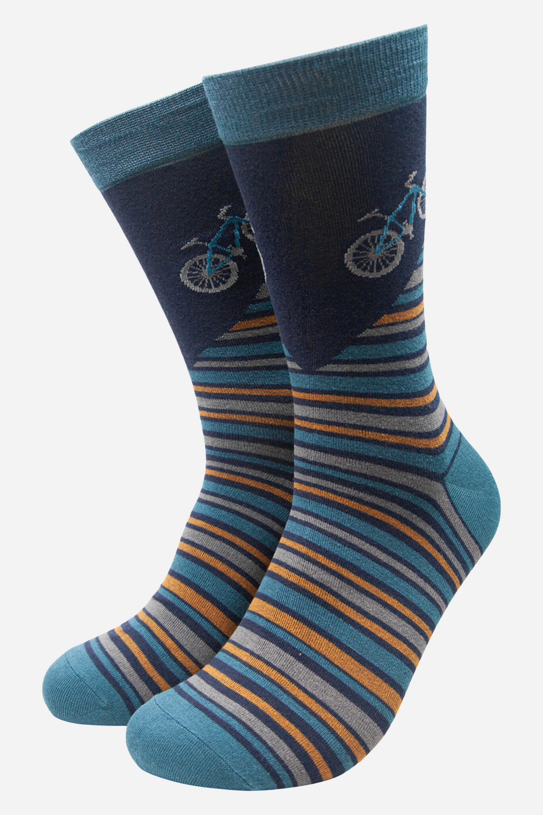 blue and yellow striped socks with a large mountain bike motif on the ankle