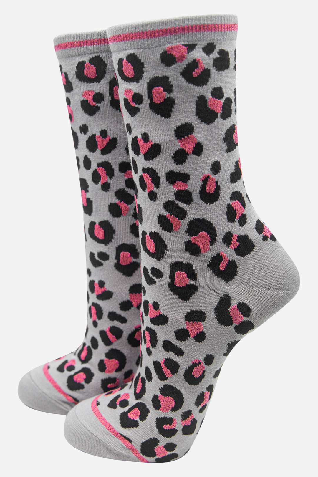 grey bamboo socks with a contrasting pink animal print pattern