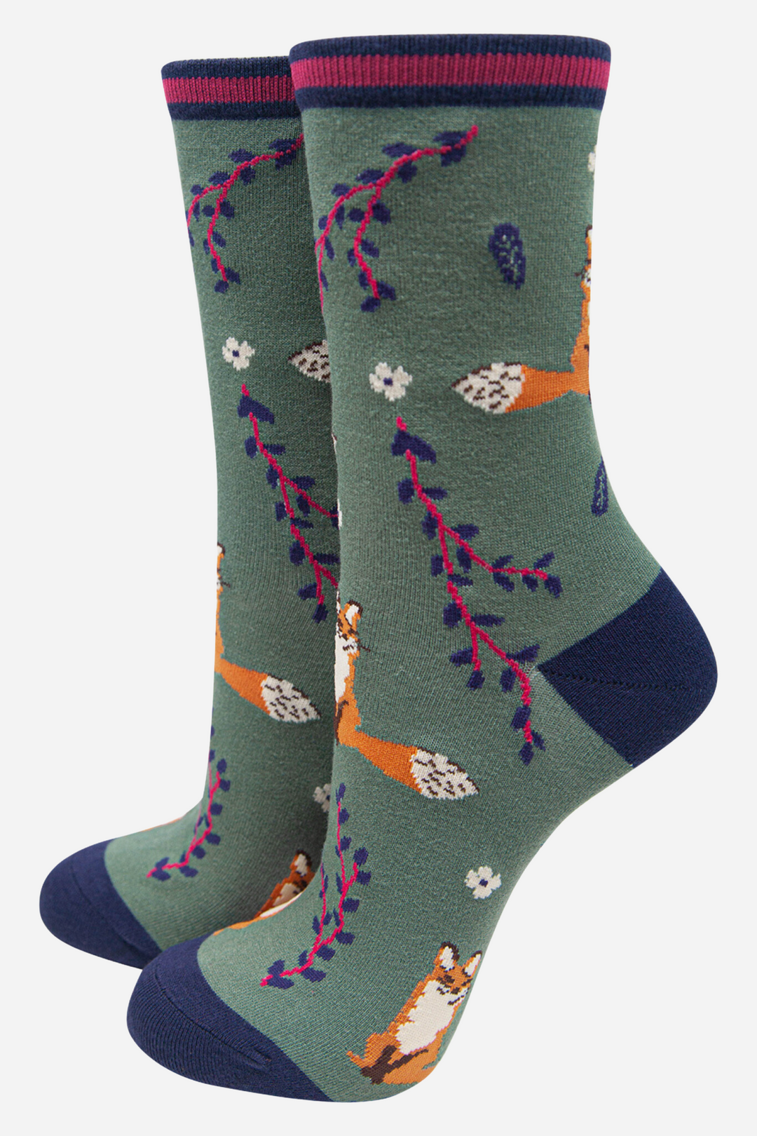 Women's Bamboo Fox Socks Novelty Ankle Socks Leaf Print Green