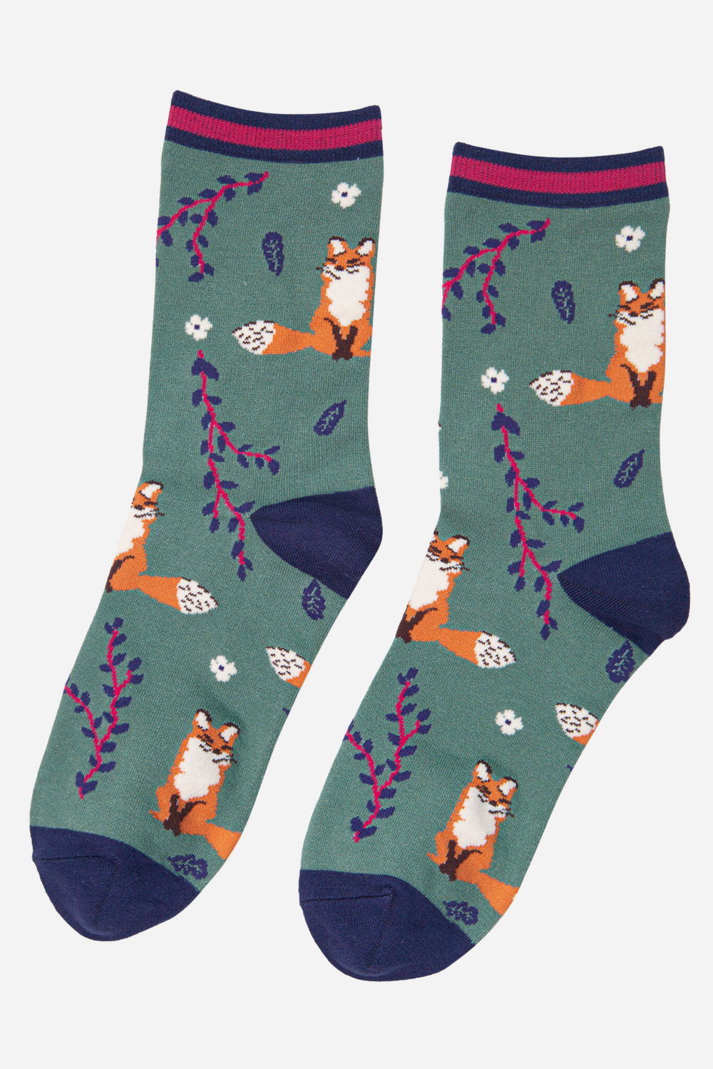 sage green ankle socks with red foxes and leaves