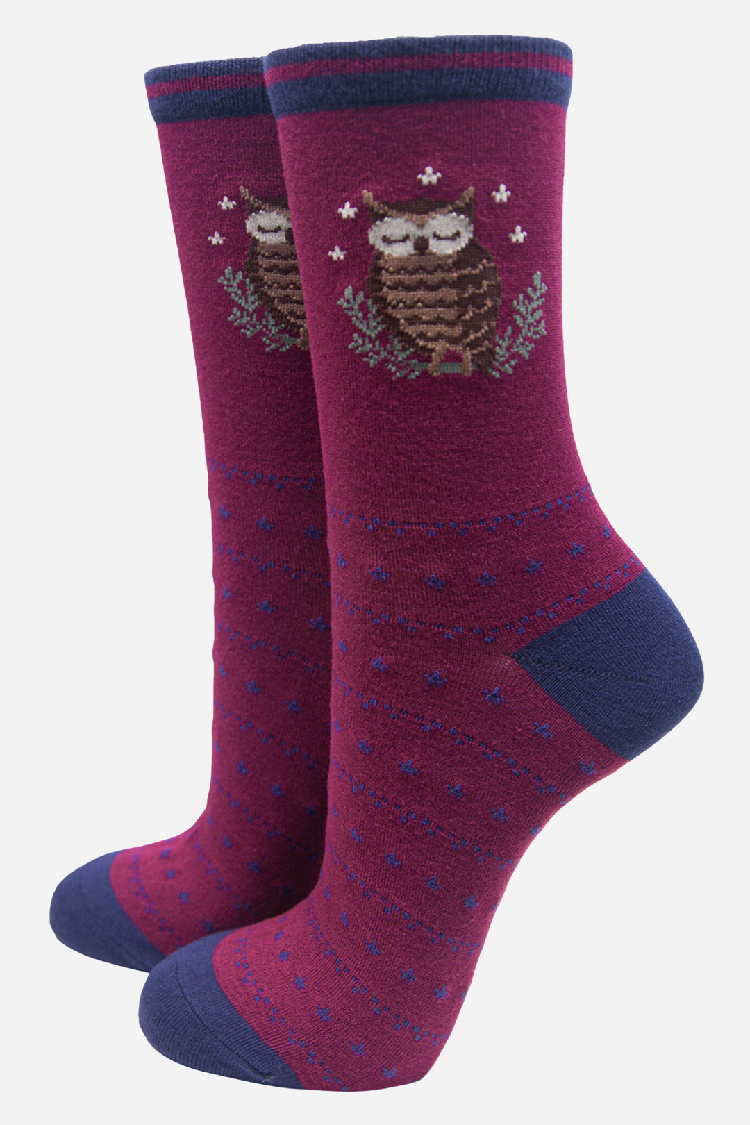 burgundy red bamboo socks with navy blue heel, toe and cuff with a brown owl motif on the ankle