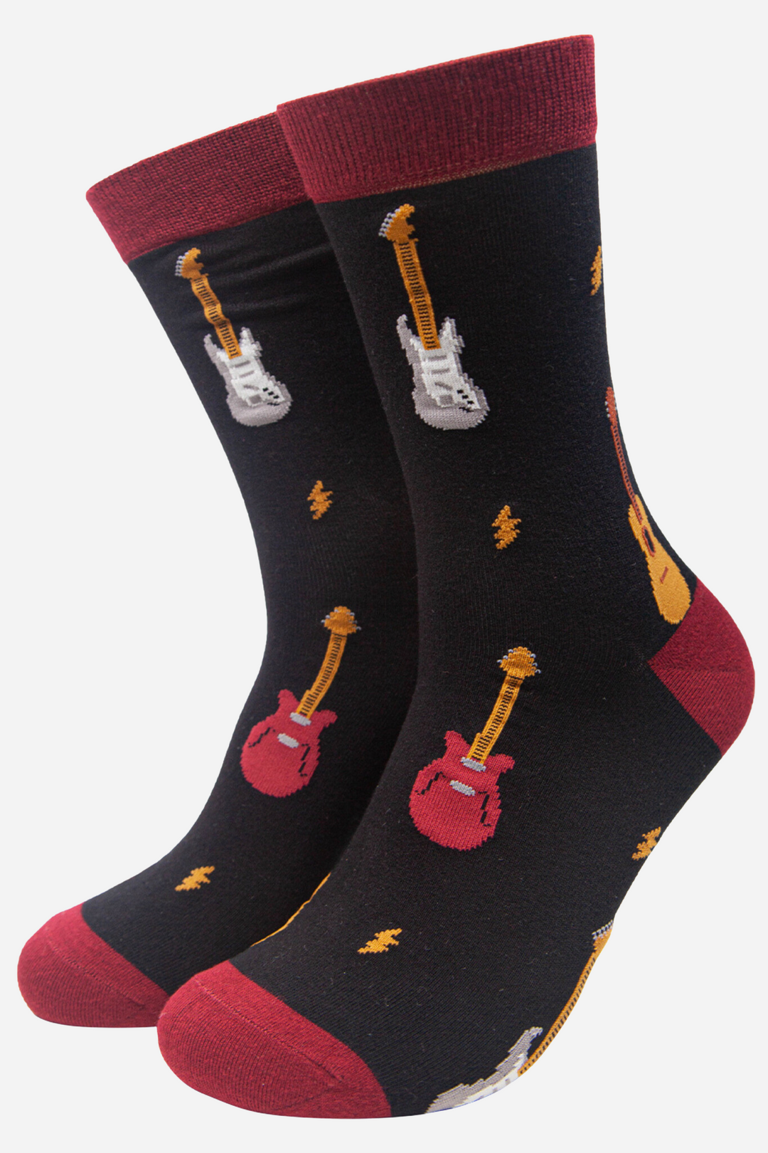 black bamboo dress socks with burgundy red heel, toe and cuff and featuring an all over electric guitar and lightning bolt pattern