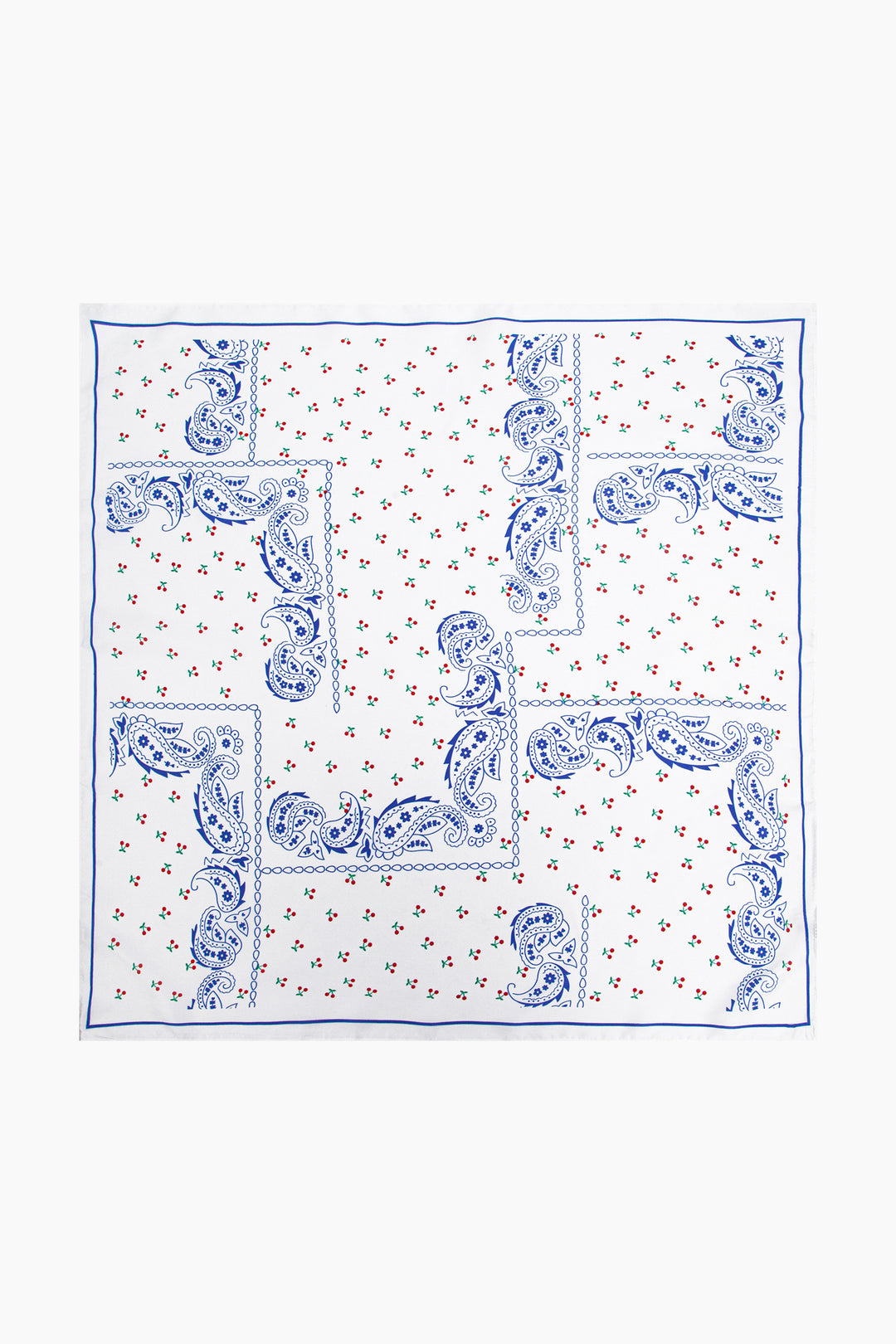 Cherry-Paisley-Print-Faux-Silk-Square-Scarf-in-Blue-Lying-Flat