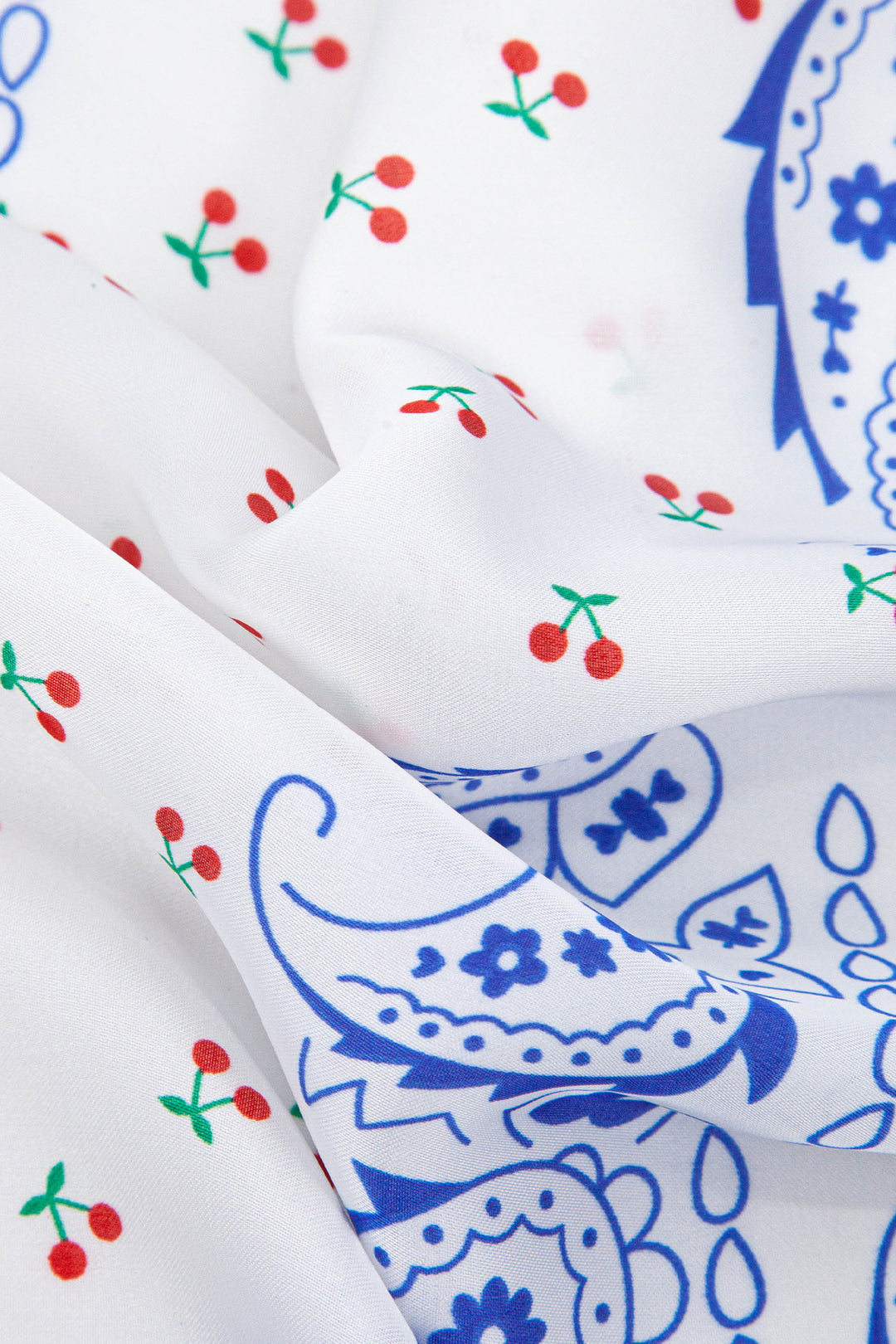 Cherry-Paisley-Print-Faux-Silk-Square-Scarf-in-Blue-Closeup