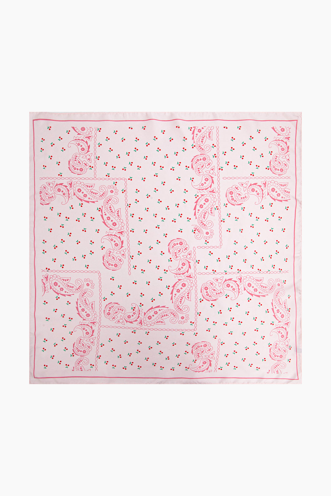 Cherry-Paisley-Print-Faux-Silk-Square-Scarf-in-Pink-Lying-Flat