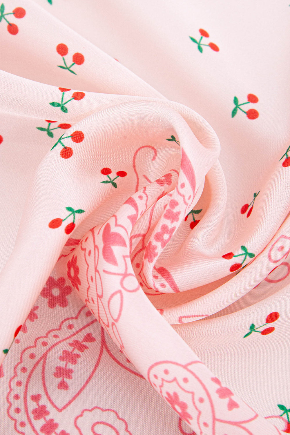 Cherry-Paisley-Print-Faux-Silk-Square-Scarf-in-Pink-Closeup