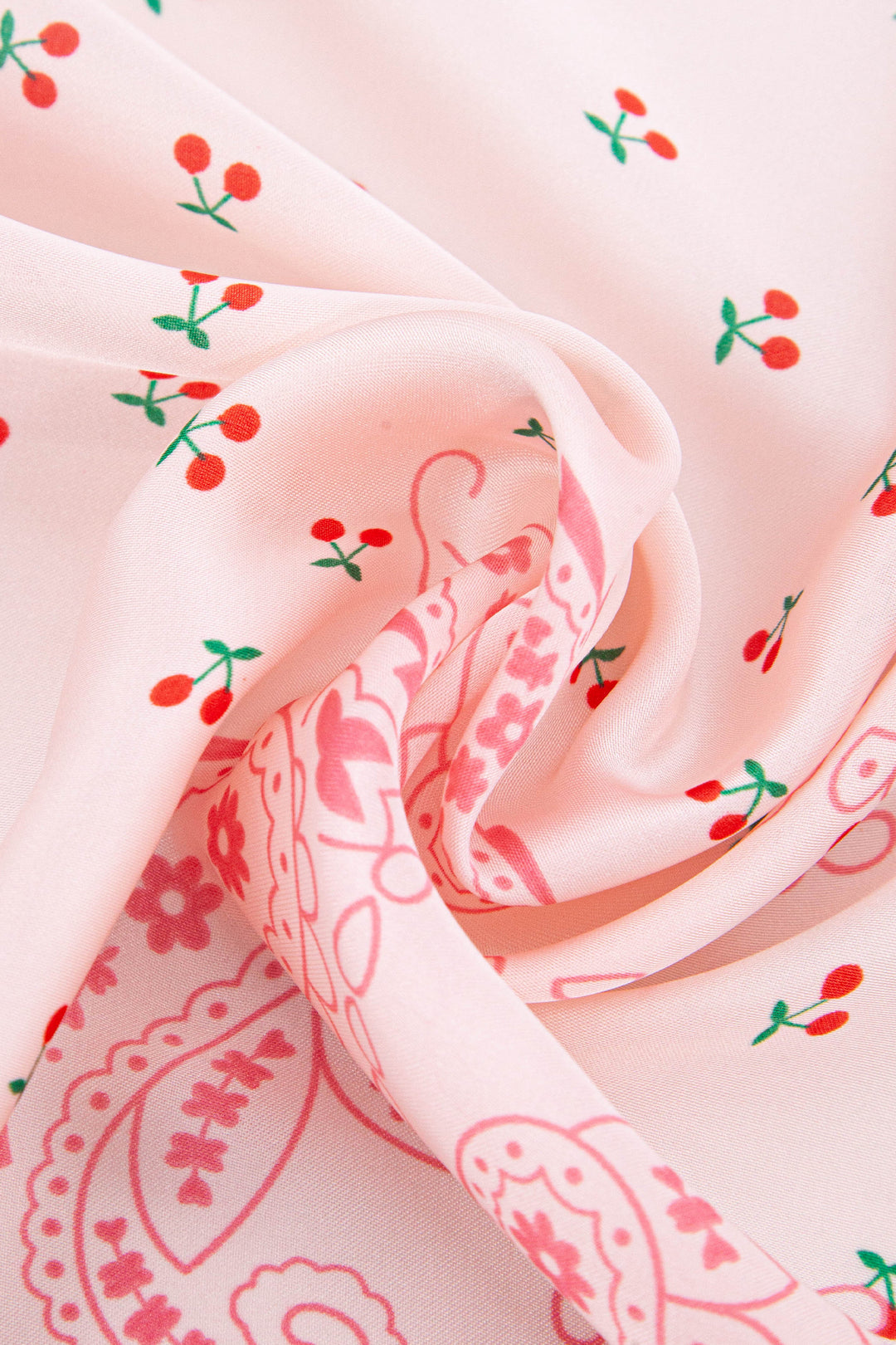 Cherry-Paisley-Print-Faux-Silk-Square-Scarf-in-Pink-Closeup
